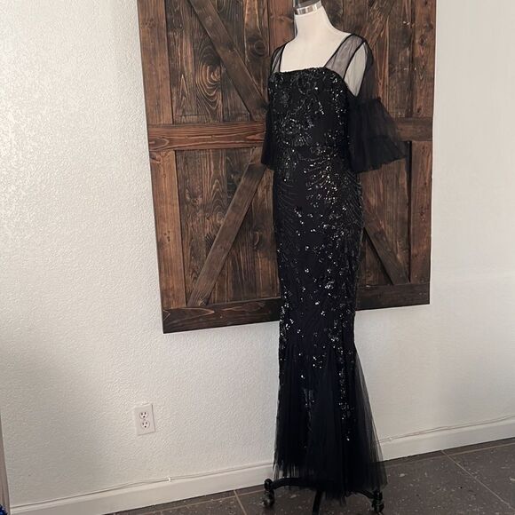 Tulle black Flared Sleeve Evening Party Dress Elegant Mermaid gown dress Sz- XL - Picture 5 of 16